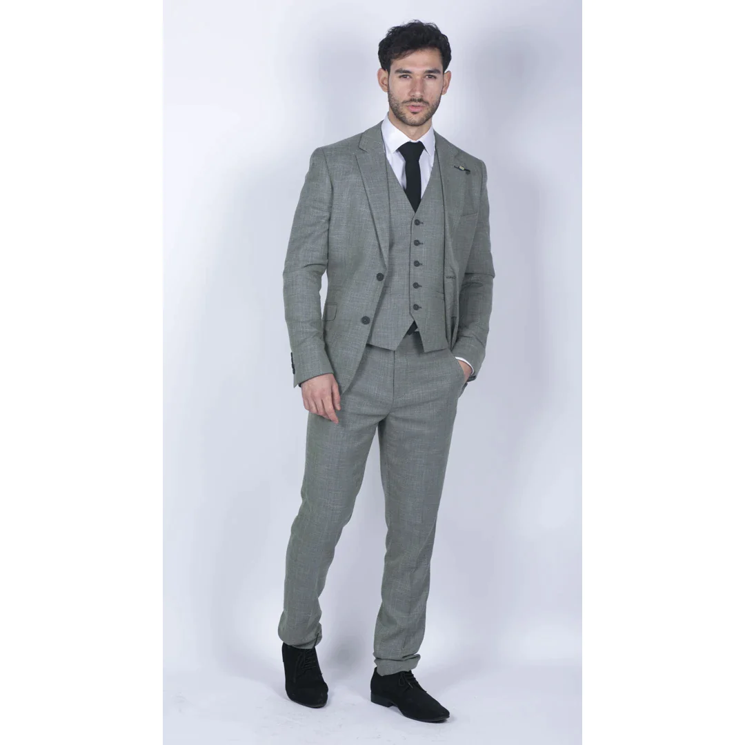 Mens 3 Piece Suit Sage Green Summer Linen Tailored Fit Wedding Prom Classic - Image 5