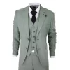 Mens 3 Piece Suit Sage Green Summer Linen Tailored Fit Wedding Prom Classic