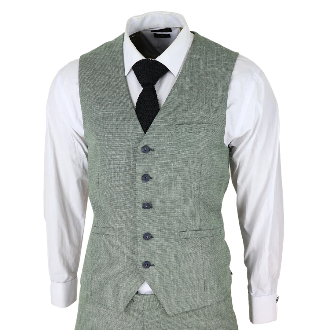 Mens 3 Piece Suit Sage Green Summer Linen Tailored Fit Wedding Prom Classic - Image 2