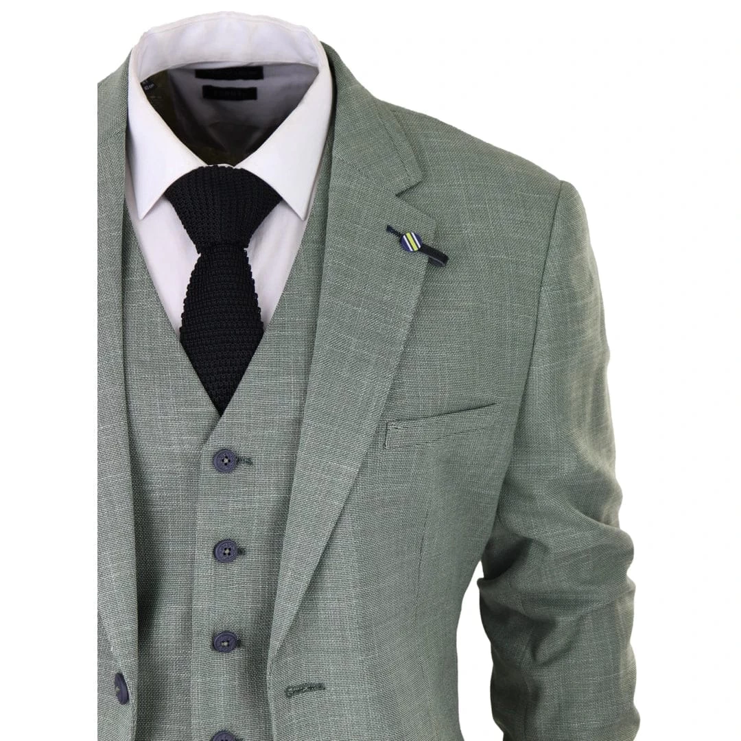 Mens 3 Piece Suit Sage Green Summer Linen Tailored Fit Wedding Prom Classic - Image 4