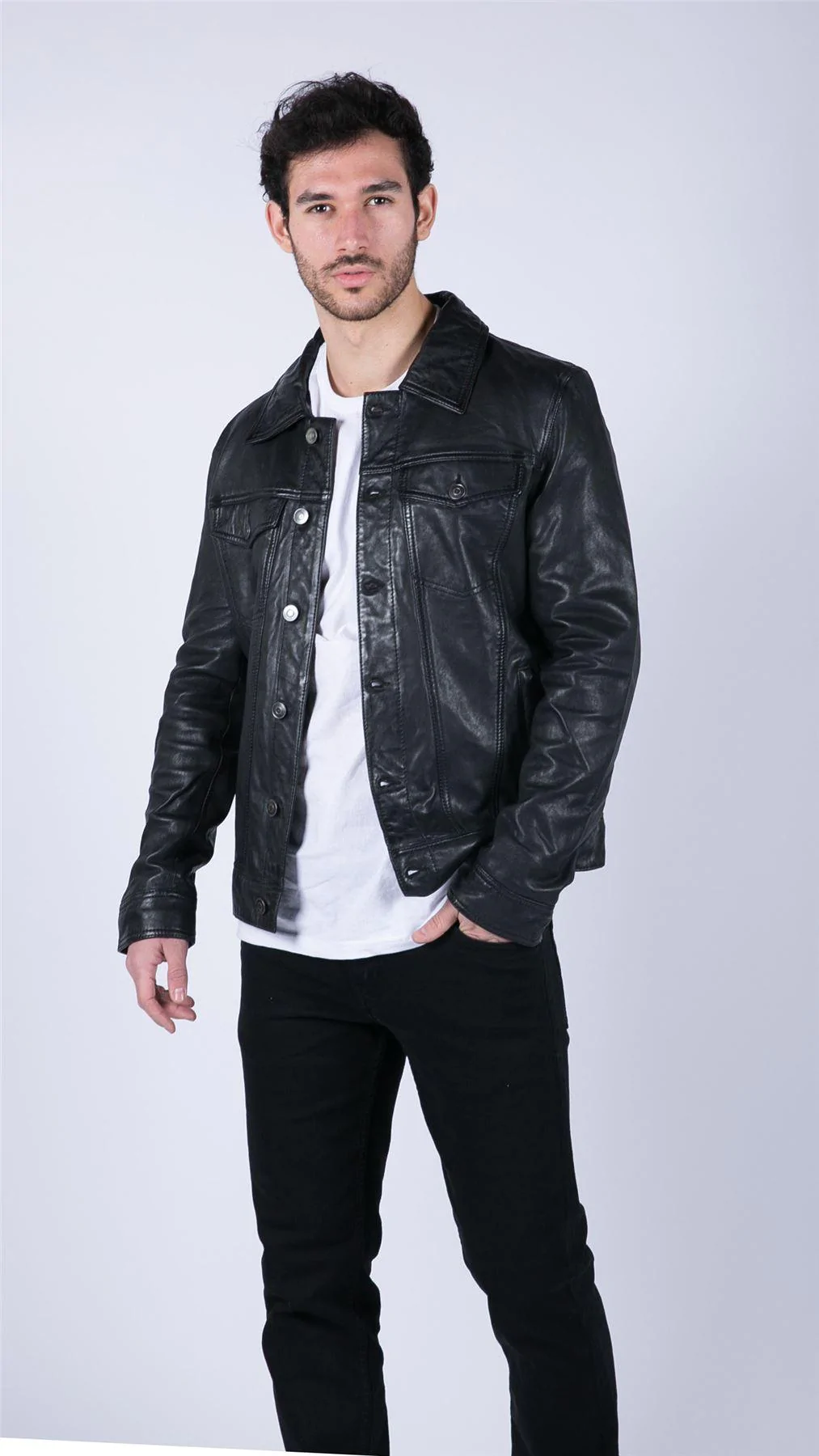Mens Black Real Leather Vintage Soft Jacket Short Jeans Style Classic Stud - Image 3