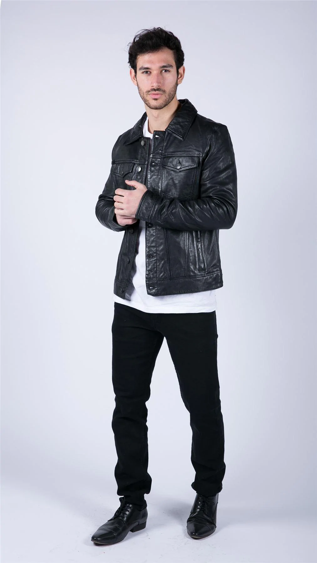 Mens Black Real Leather Vintage Soft Jacket Short Jeans Style Classic Stud - Image 5