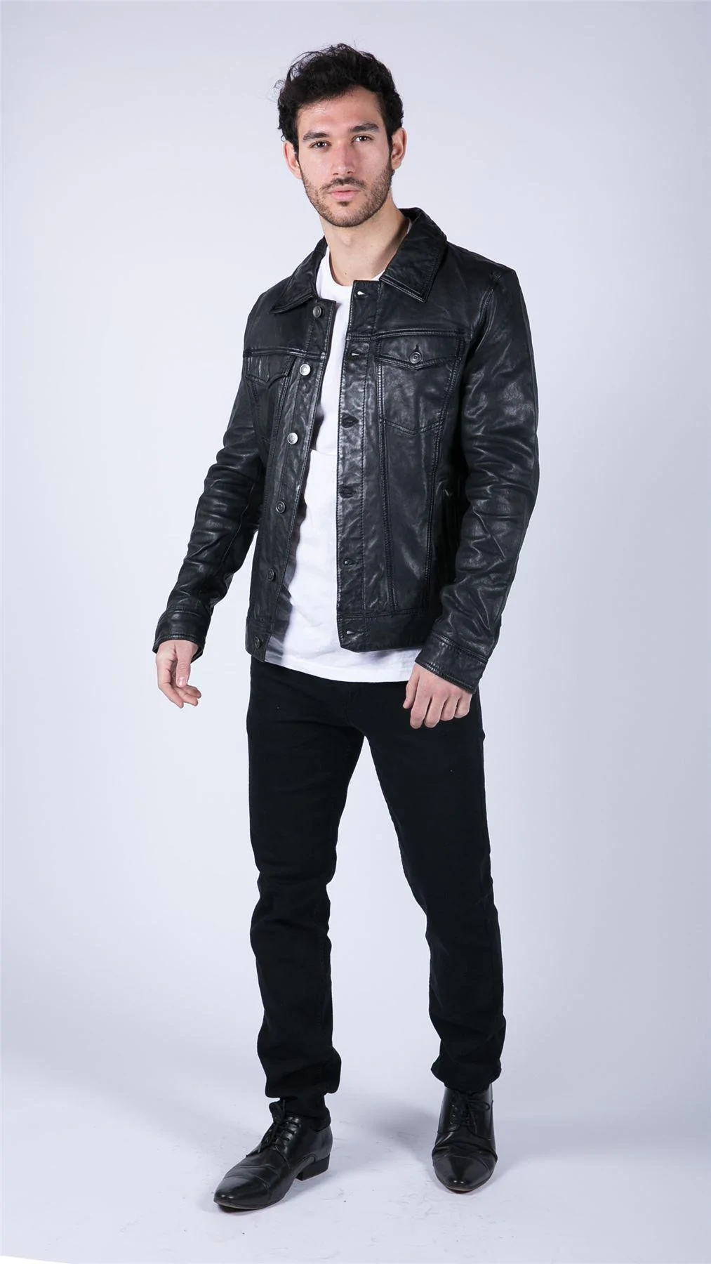 Mens Black Real Leather Vintage Soft Jacket Short Jeans Style Classic Stud - Image 6