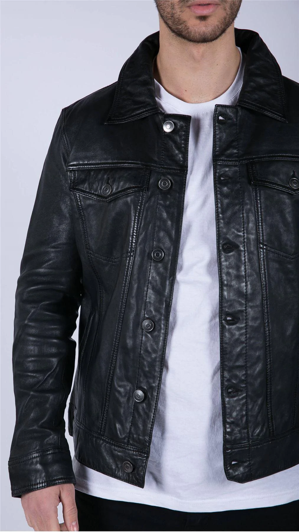 Mens Black Real Leather Vintage Soft Jacket Short Jeans Style Classic Stud - Image 7