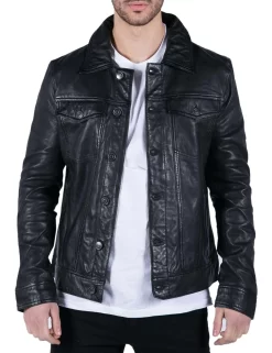 Mens Black Real Leather Vintage Soft Jacket Short Jeans Style Classic Stud