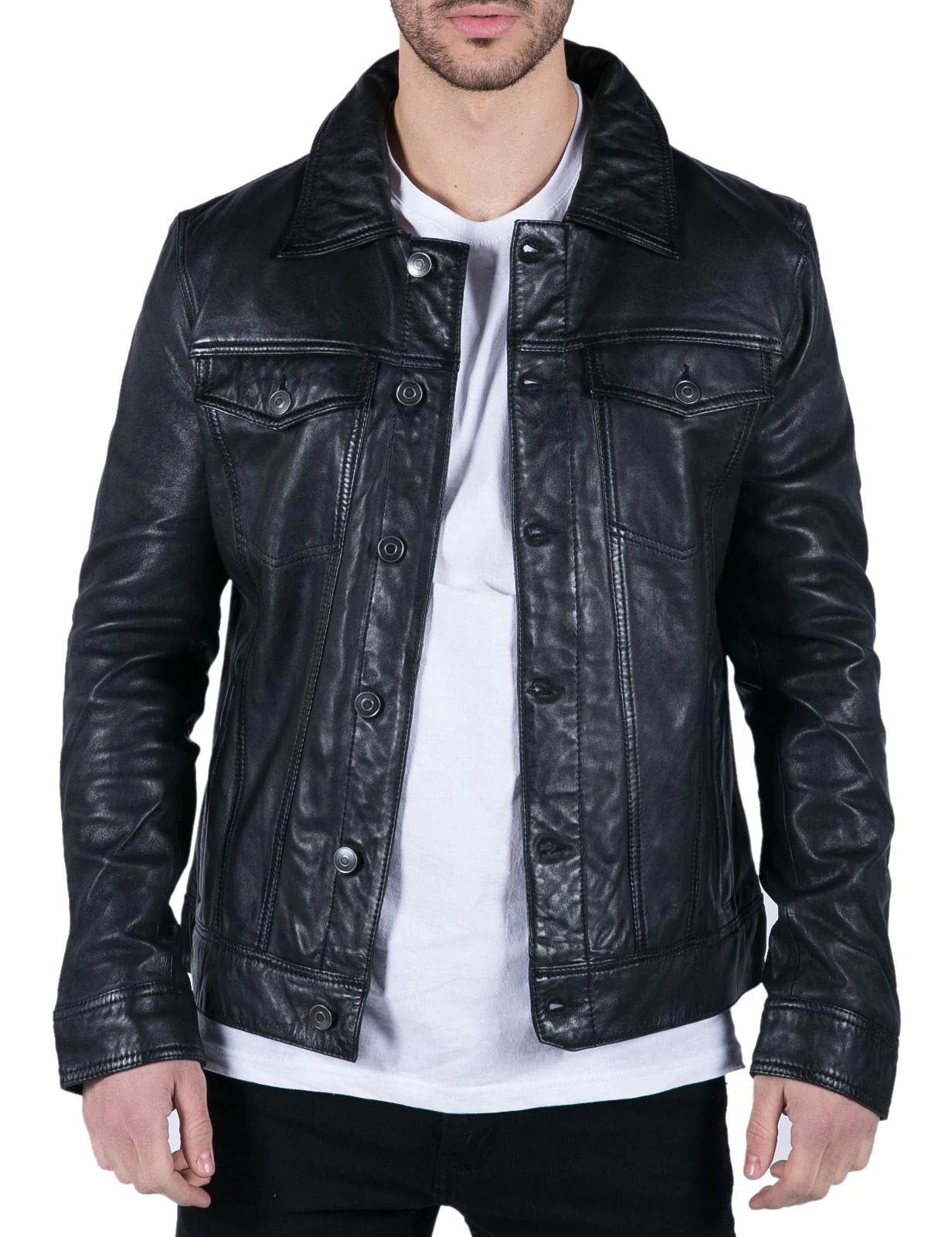 Mens Black Real Leather Vintage Soft Jacket Short Jeans Style Classic Stud