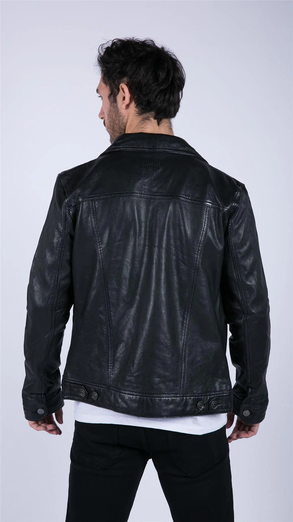 Mens Black Real Leather Vintage Soft Jacket Short Jeans Style Classic Stud - Image 2