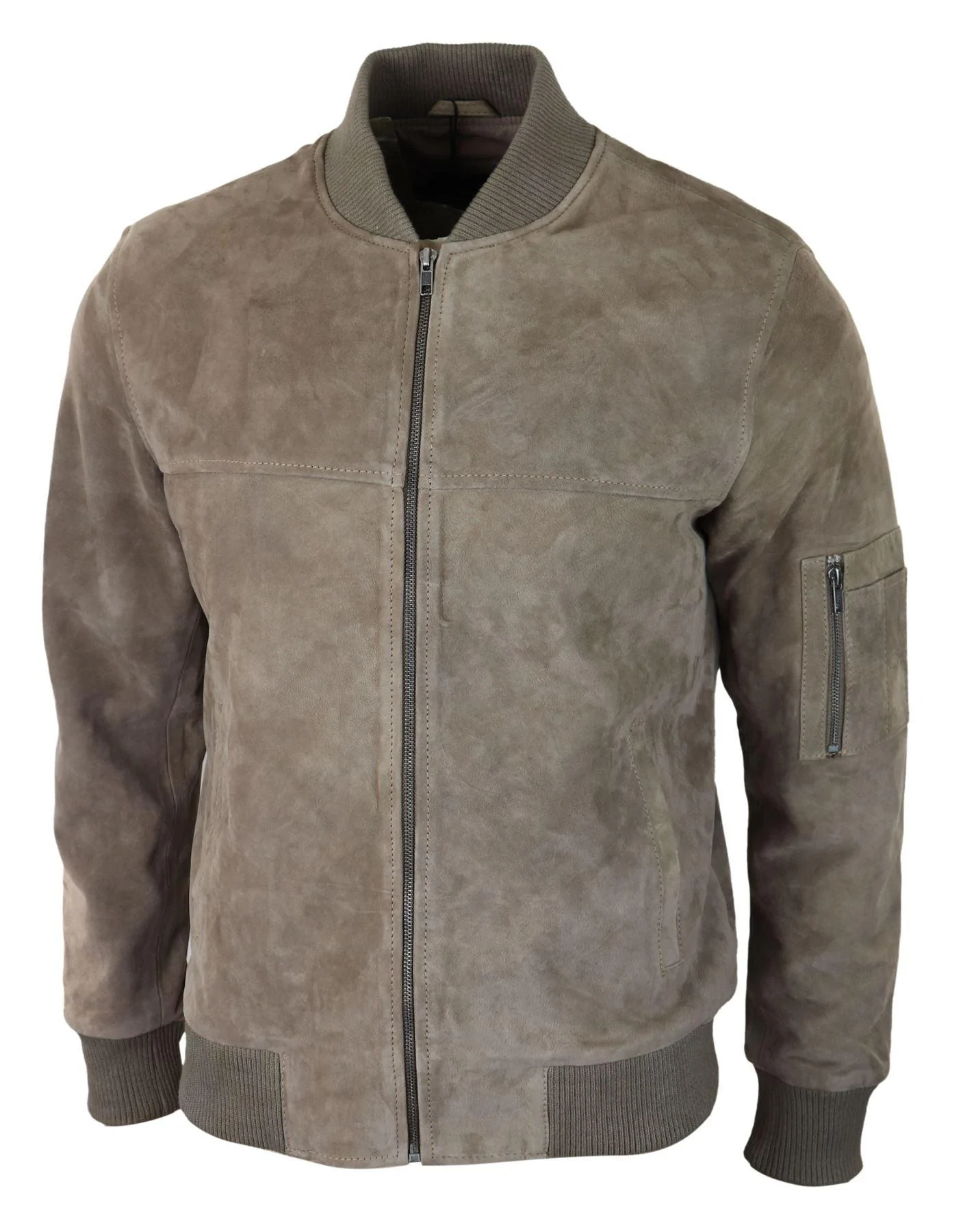 Mens Genuine Suede Bomber Jacket Leather Casual Varsity VIntage Smart Casual Beige - Image 2