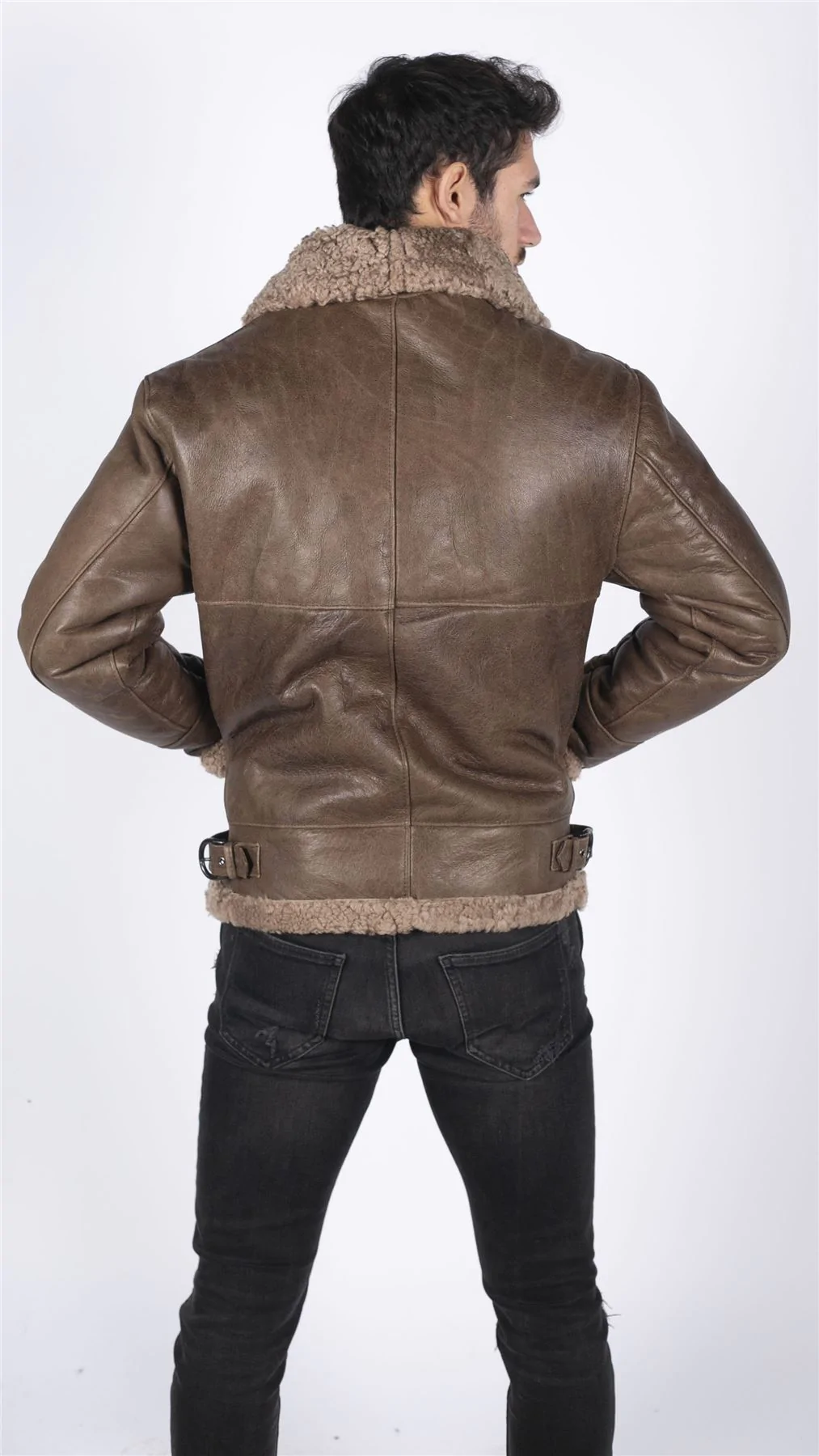 Mens Genuine Sheepskin Leather B3 Flying Aviator Vintage Brown Teddy Sheep Fur - Image 6
