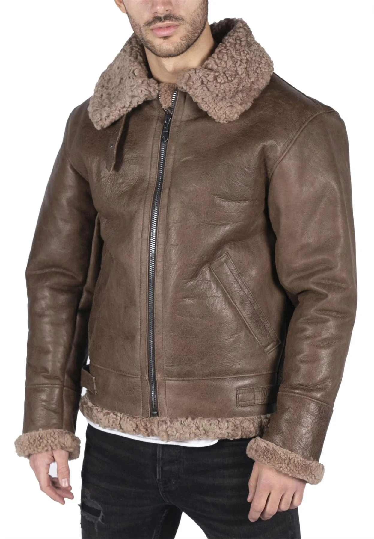 Mens Genuine Sheepskin Leather B3 Flying Aviator Vintage Brown Teddy Sheep Fur