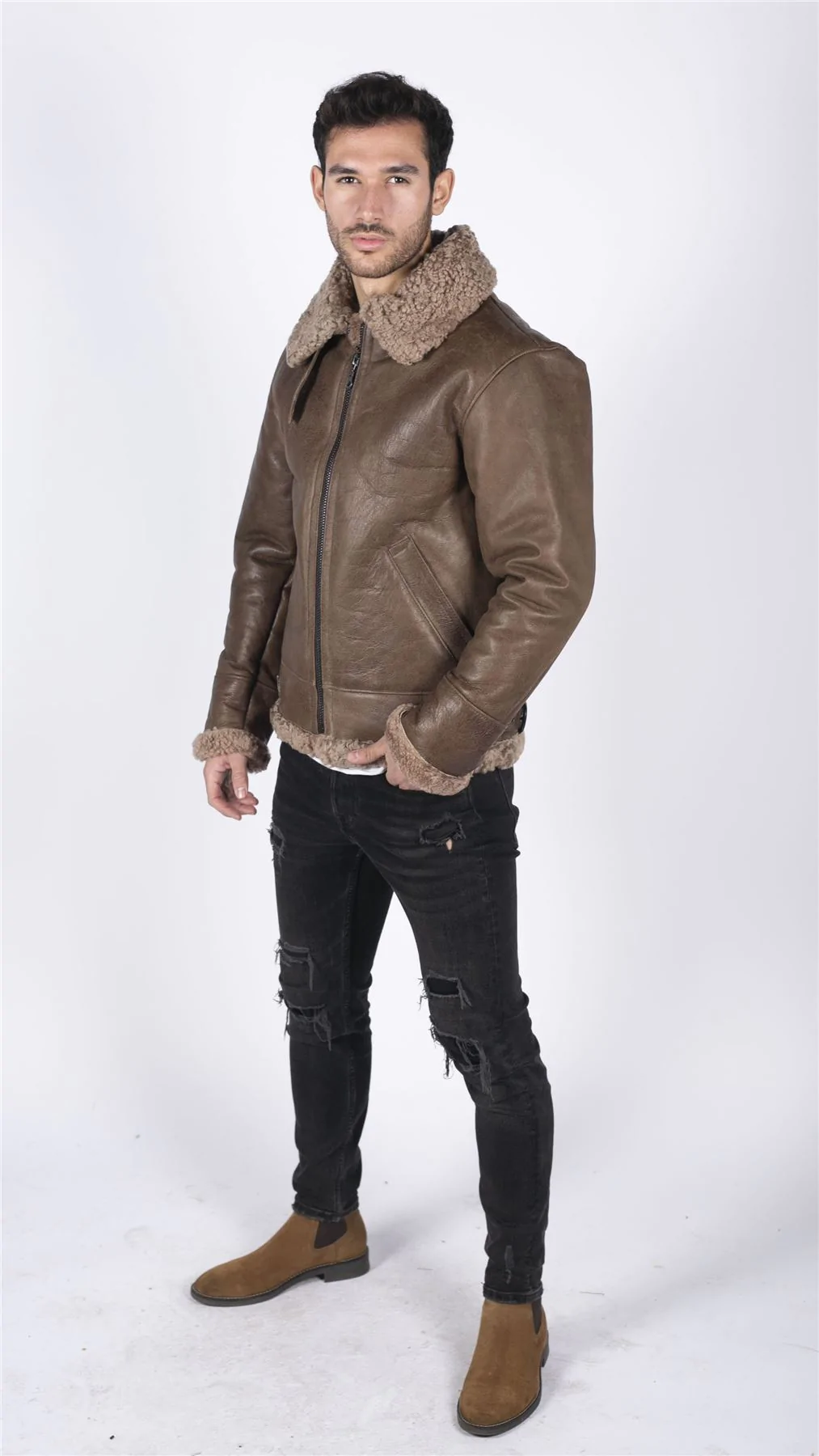 Mens Genuine Sheepskin Leather B3 Flying Aviator Vintage Brown Teddy Sheep Fur - Image 4