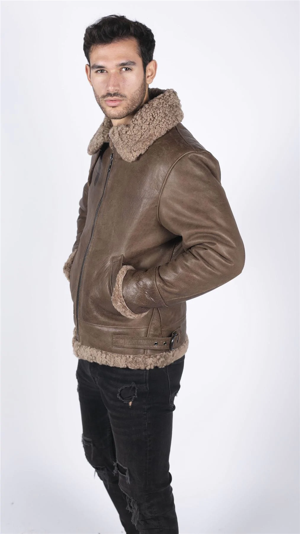 Mens Genuine Sheepskin Leather B3 Flying Aviator Vintage Brown Teddy Sheep Fur - Image 5