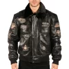 Men’s Black Leather Bomber Aviator Badge Pilot Jacket Removable Fur Collar