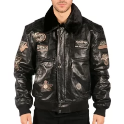 Men’s Black Leather Bomber Aviator Badge Pilot Jacket Removable Fur Collar