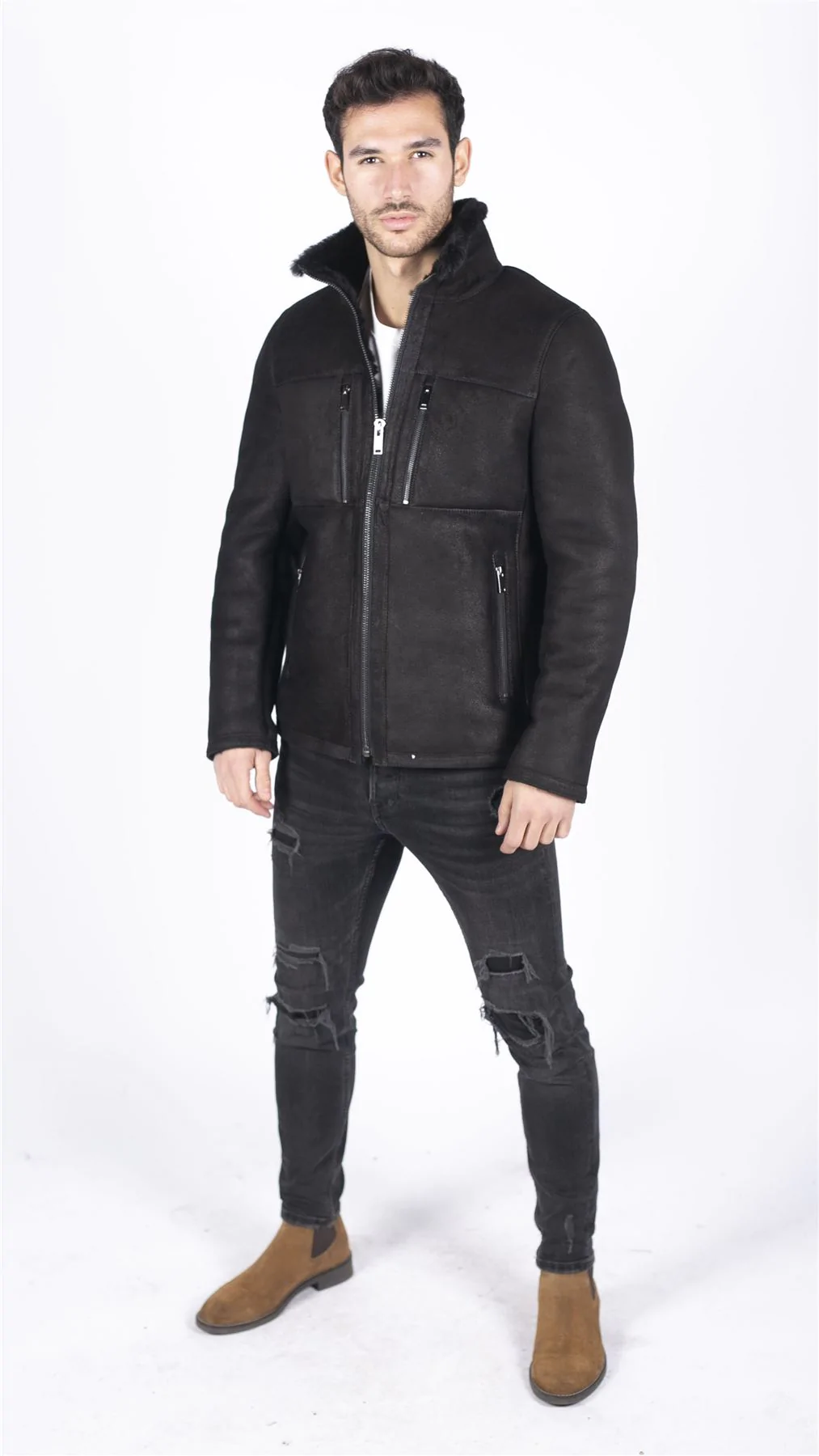 Mens Real Sheepskin Jacket Short Zipped Casual Retro Vintage Black Zipped - Image 2