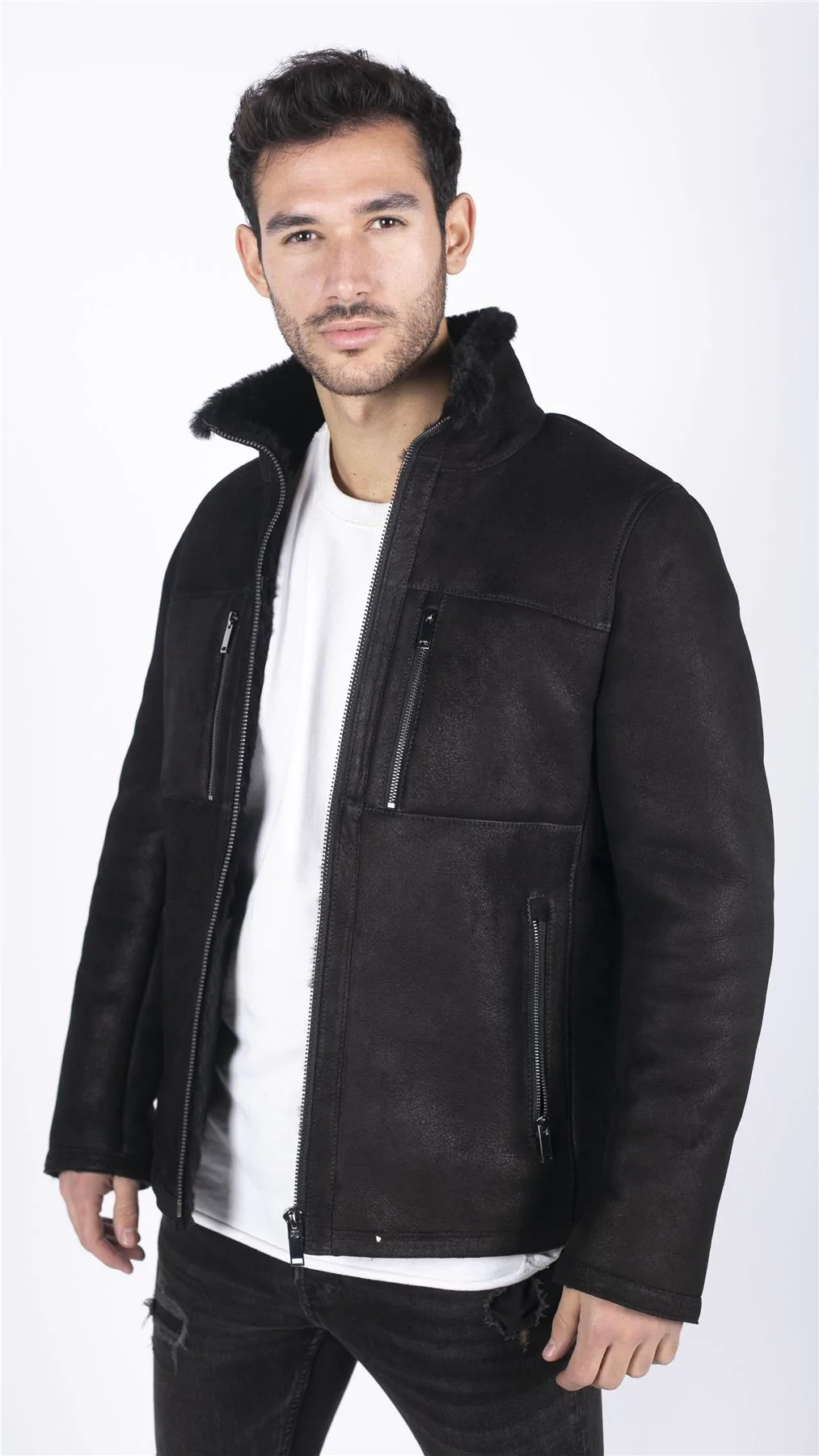 Mens Real Sheepskin Jacket Short Zipped Casual Retro Vintage Black Zipped - Image 3