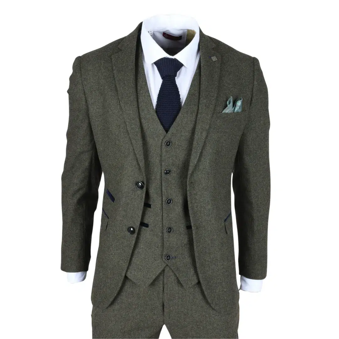 Oscar – Men’s 3 Piece Olive Green Wool Blend Tweed Suit