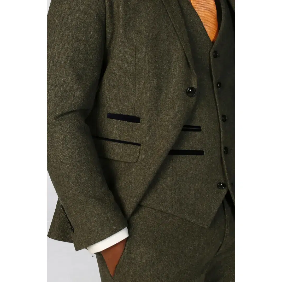 Oscar – Men’s 3 Piece Olive Green Wool Blend Tweed Suit - Image 2