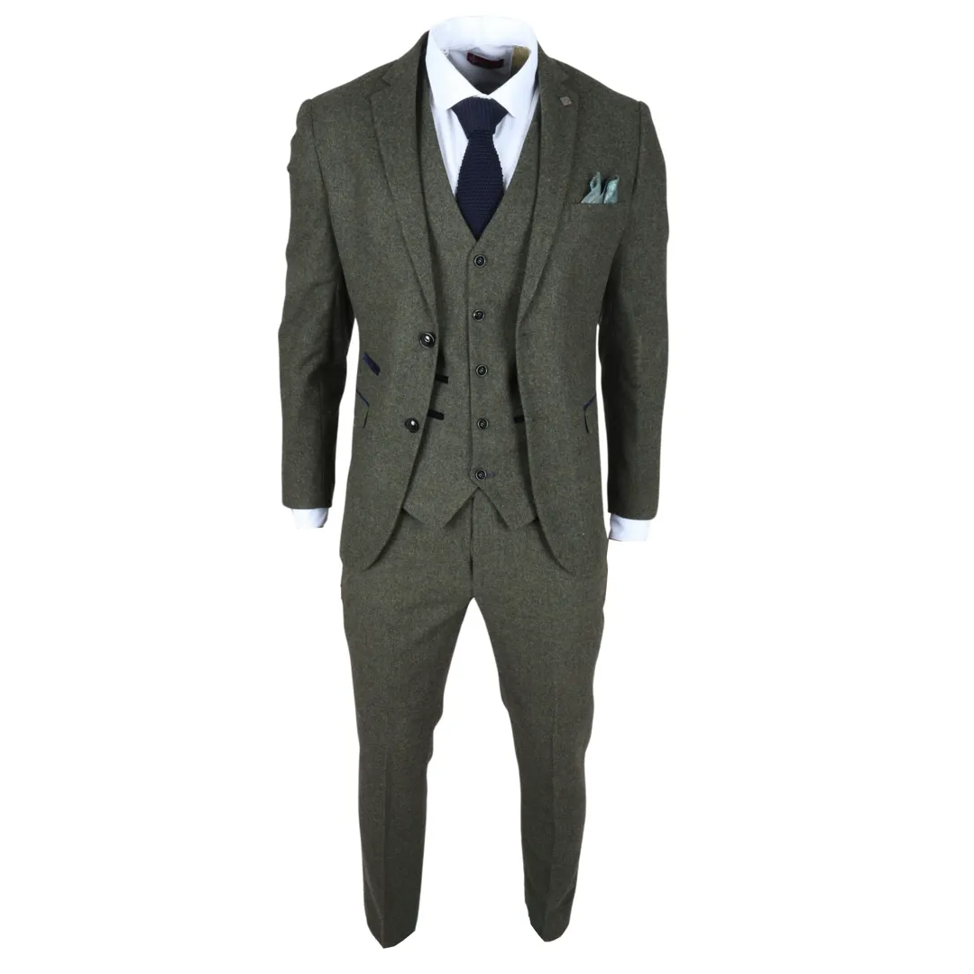 Oscar – Men’s 3 Piece Olive Green Wool Blend Tweed Suit - Image 6
