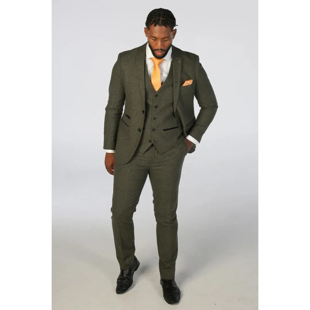 Oscar – Men’s 3 Piece Olive Green Wool Blend Tweed Suit - Image 7