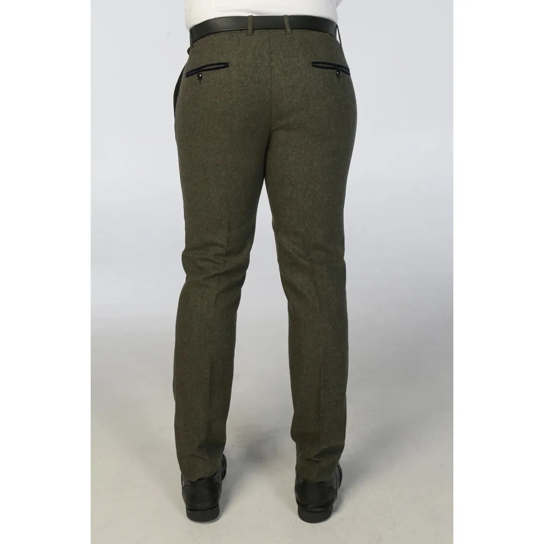 Oscar – Men’s Olive Green Wool Blend Tweed Trousers - Image 2