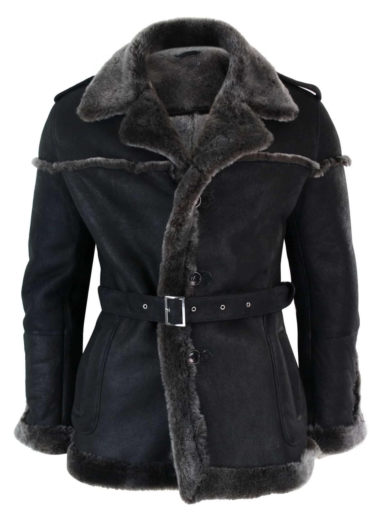Infinity Ozzy Mens Double Breasted Real Sherling Navy Captain Sheepskin Jacket Belted Grey Black - Image 2