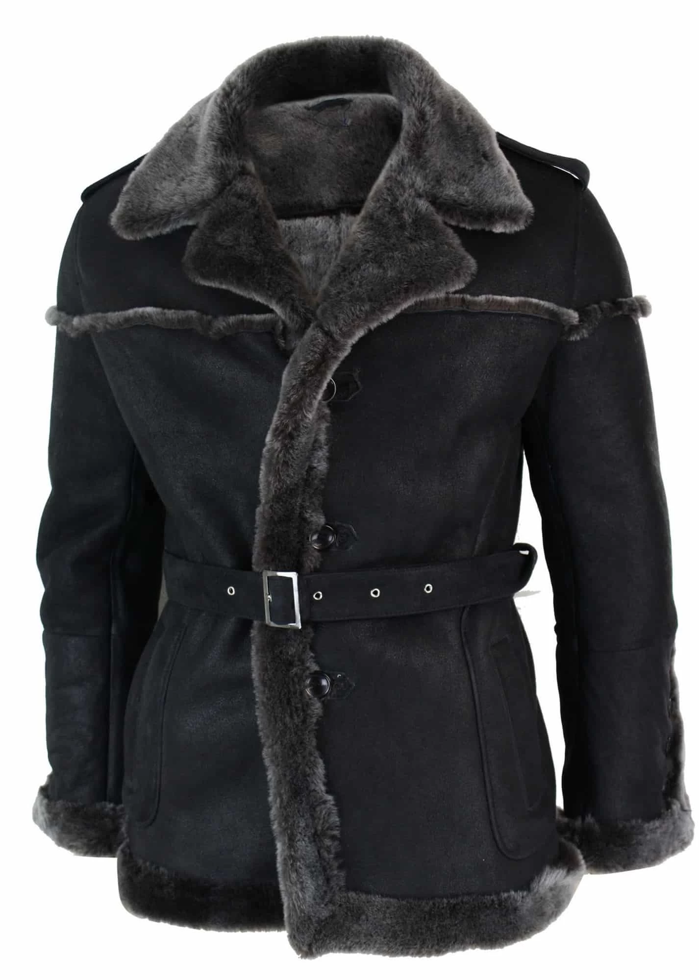 Infinity Ozzy Mens Double Breasted Real Sherling Navy Captain Sheepskin Jacket Belted Grey Black - Image 3