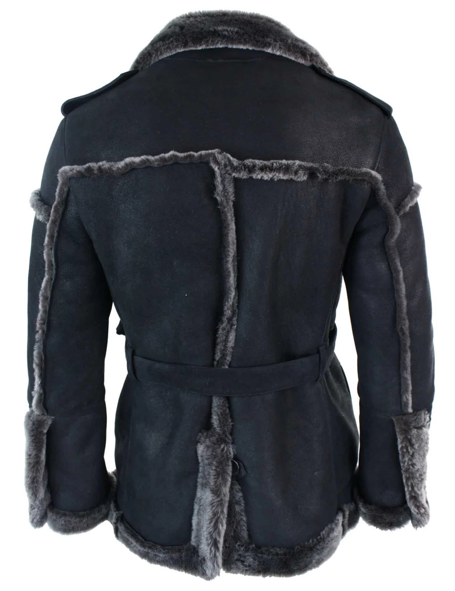 Infinity Ozzy Mens Double Breasted Real Sherling Navy Captain Sheepskin Jacket Belted Grey Black - Image 4