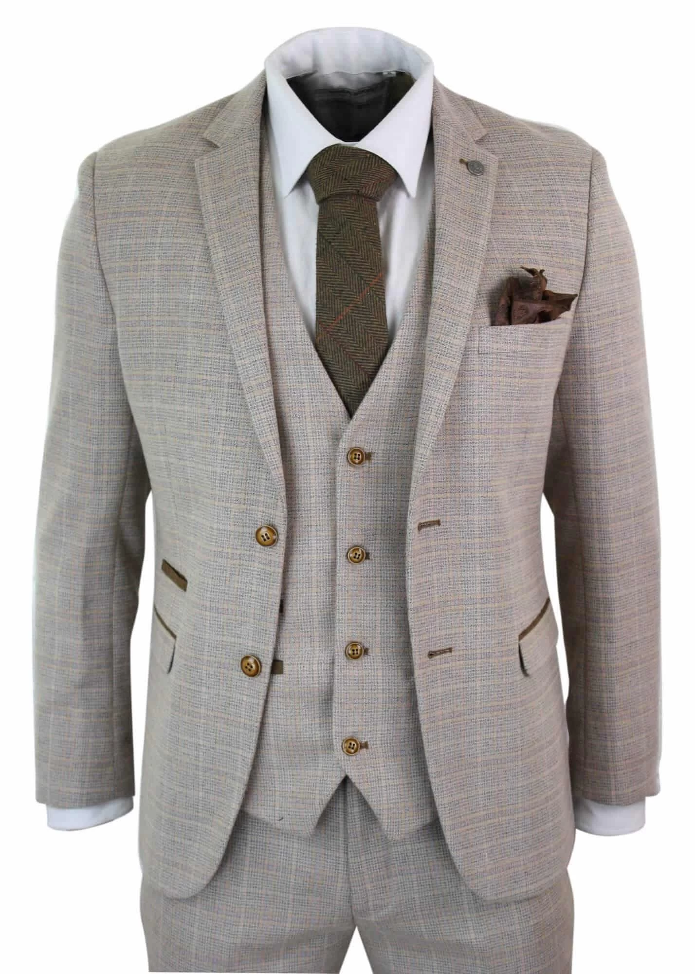 Paul Andrew Holland β Mens Check Tweed Beige Brown 3 Piece Suit Wedding Prom Vintage Retro Classic