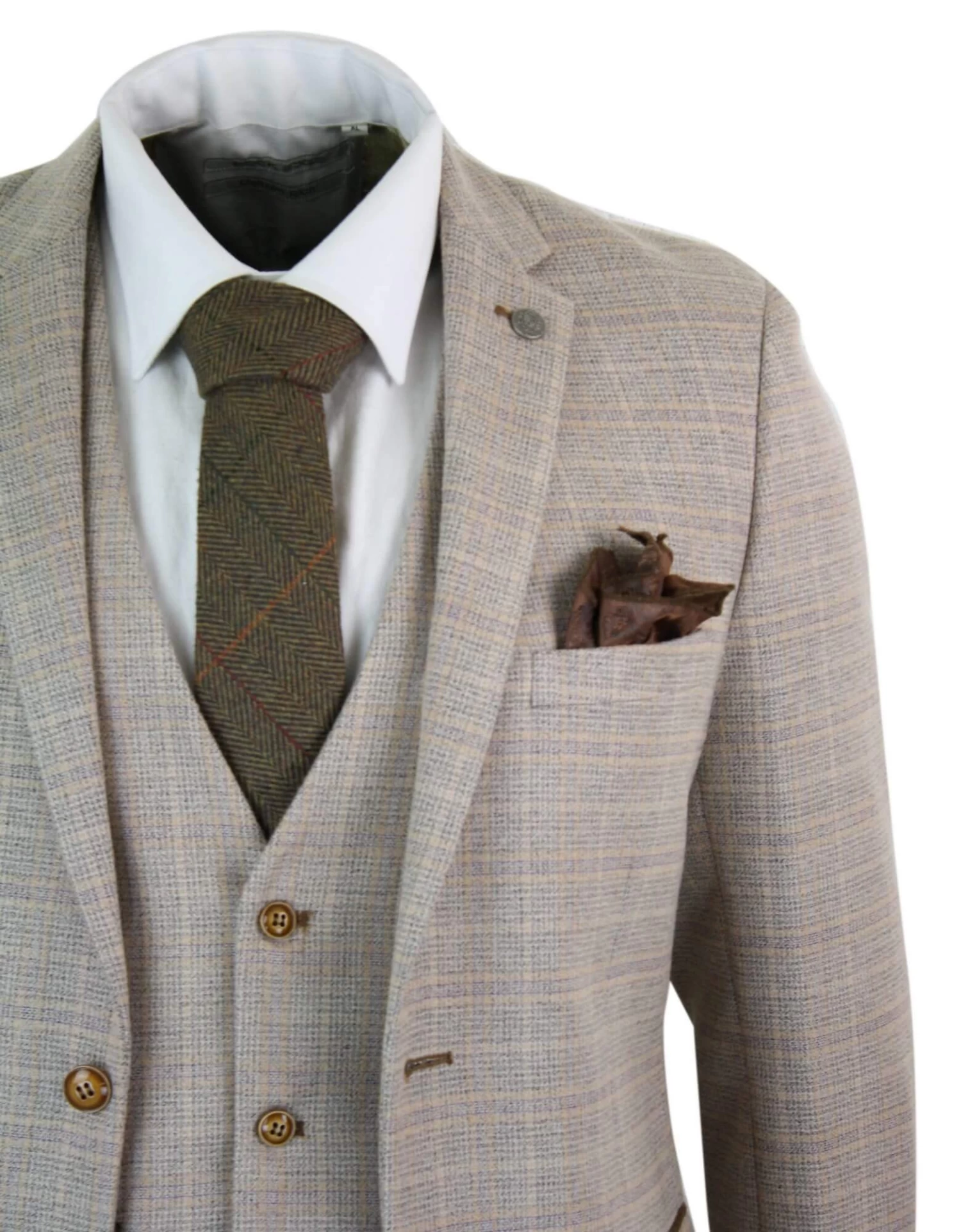 Paul Andrew Holland β Mens Check Tweed Beige Brown 3 Piece Suit Wedding Prom Vintage Retro Classic - Image 6