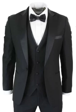 Paul Andrew Regent Black β Mens 3 Piece Black Classic Satin Tuxedo Dinner Suit Tailored Fit Wedding Prom