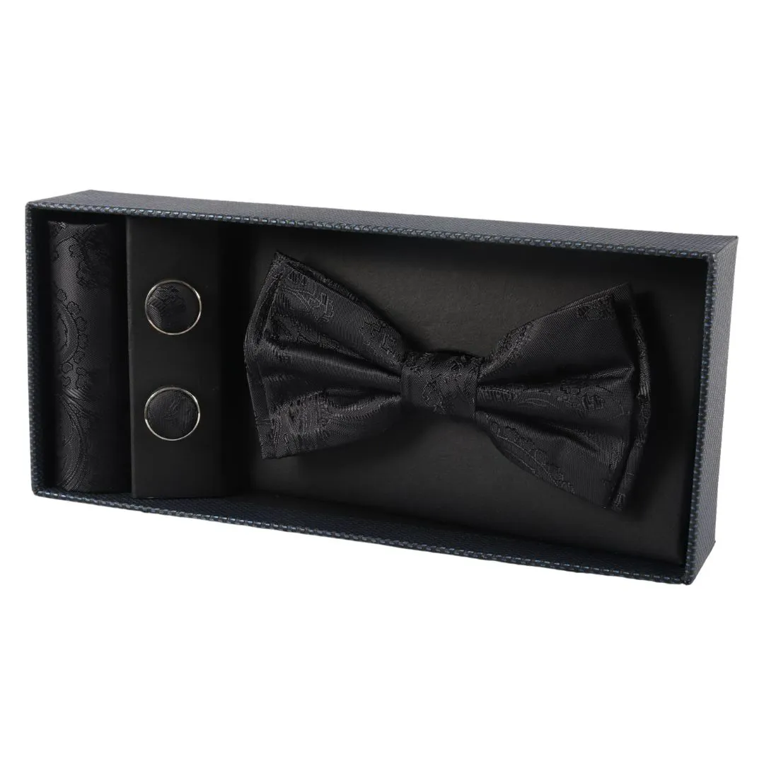 Men’s Black Bow Tie Pocket Square Cuff Links Gift Set - Image 2