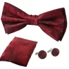 Men’s Wine Bow Tie Pocket Square Cuff Links Gift Set