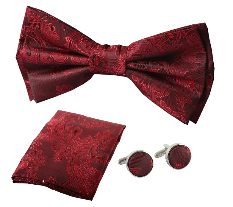 Men’s Wine Bow Tie Pocket Square Cuff Links Gift Set