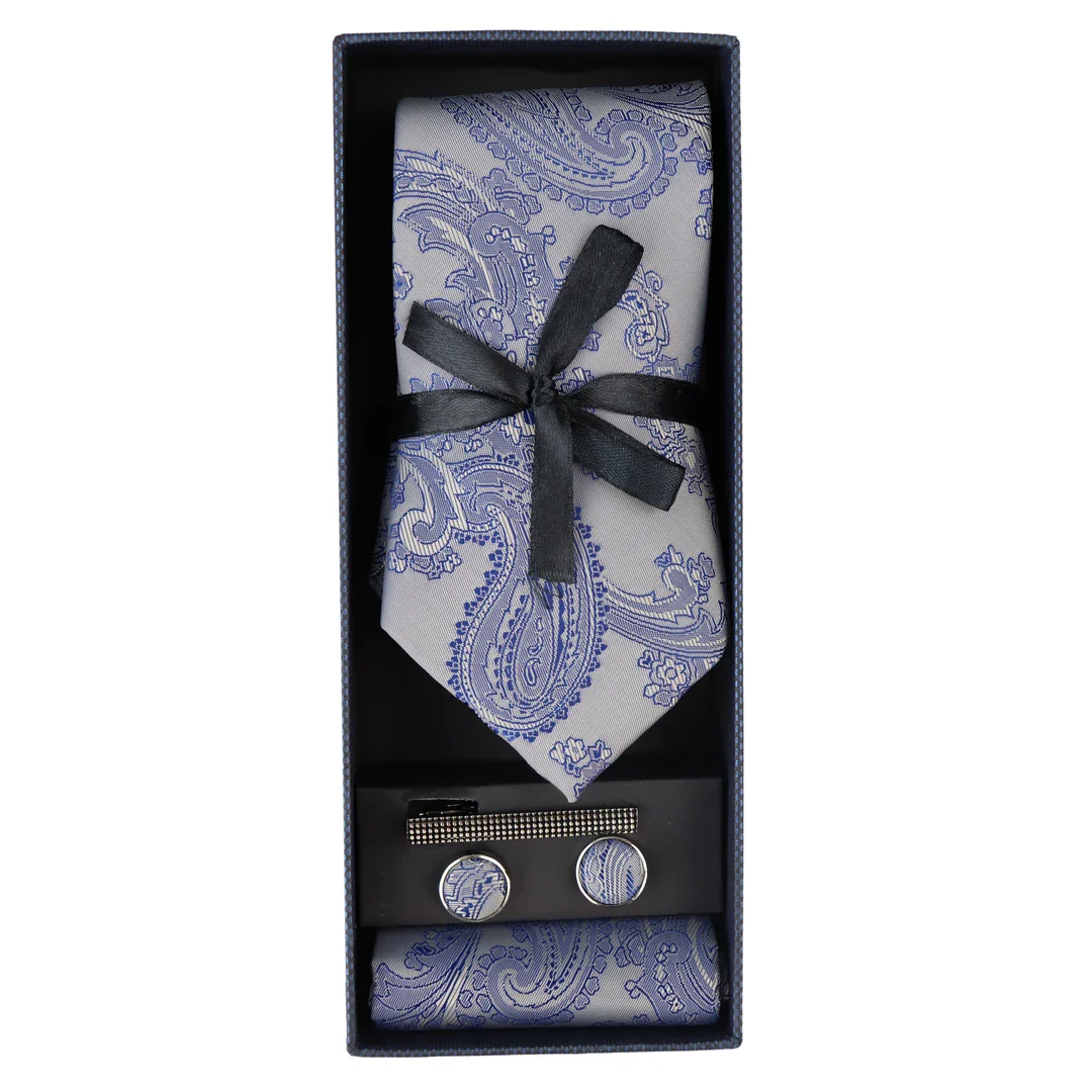 Paisley Neck Blue Tie Gift Set Pocket Square Cuff Links Floral Satin - Image 3