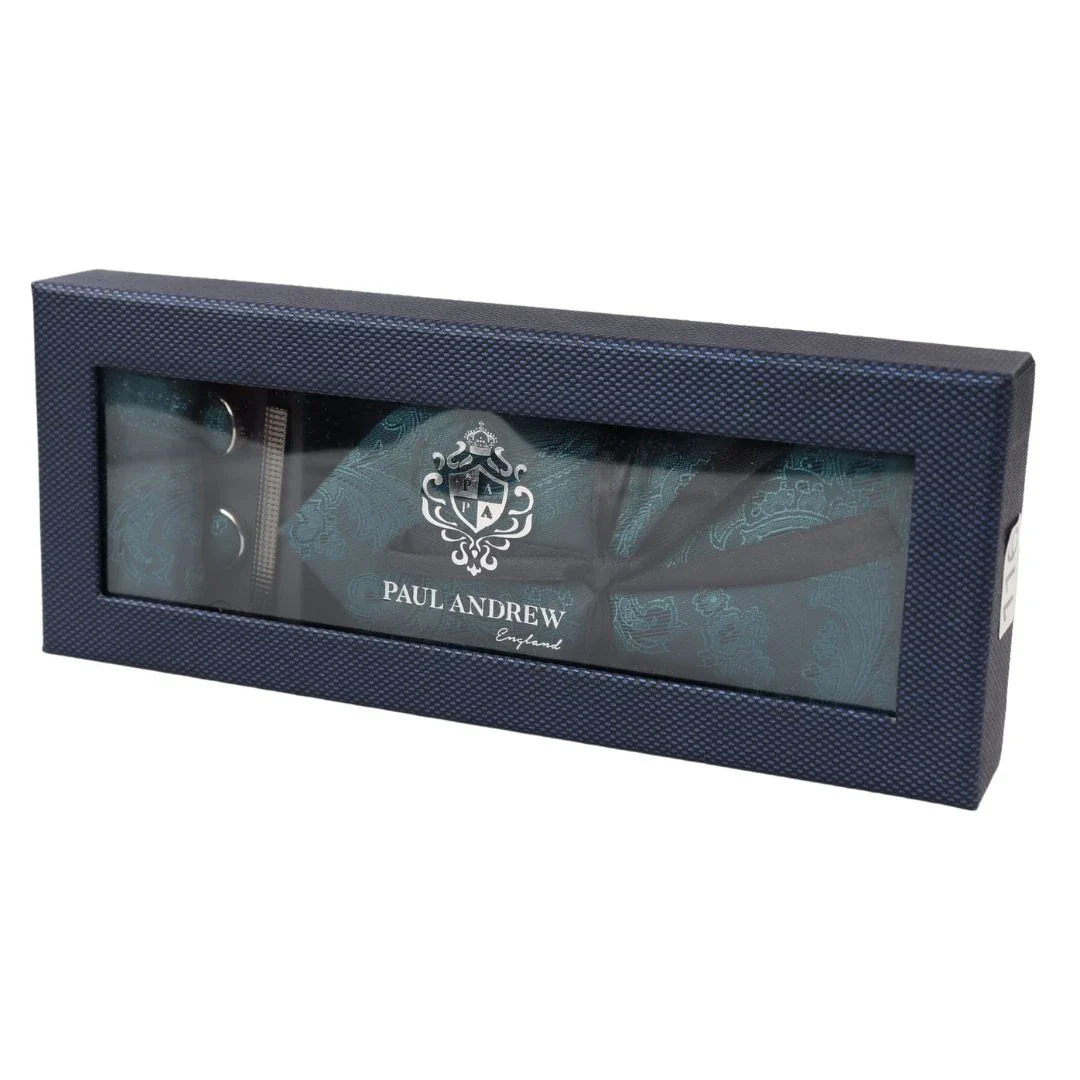 Paisley Neck Green Tie Gift Set Pocket Square Cuff Links Floral Satin - Image 2