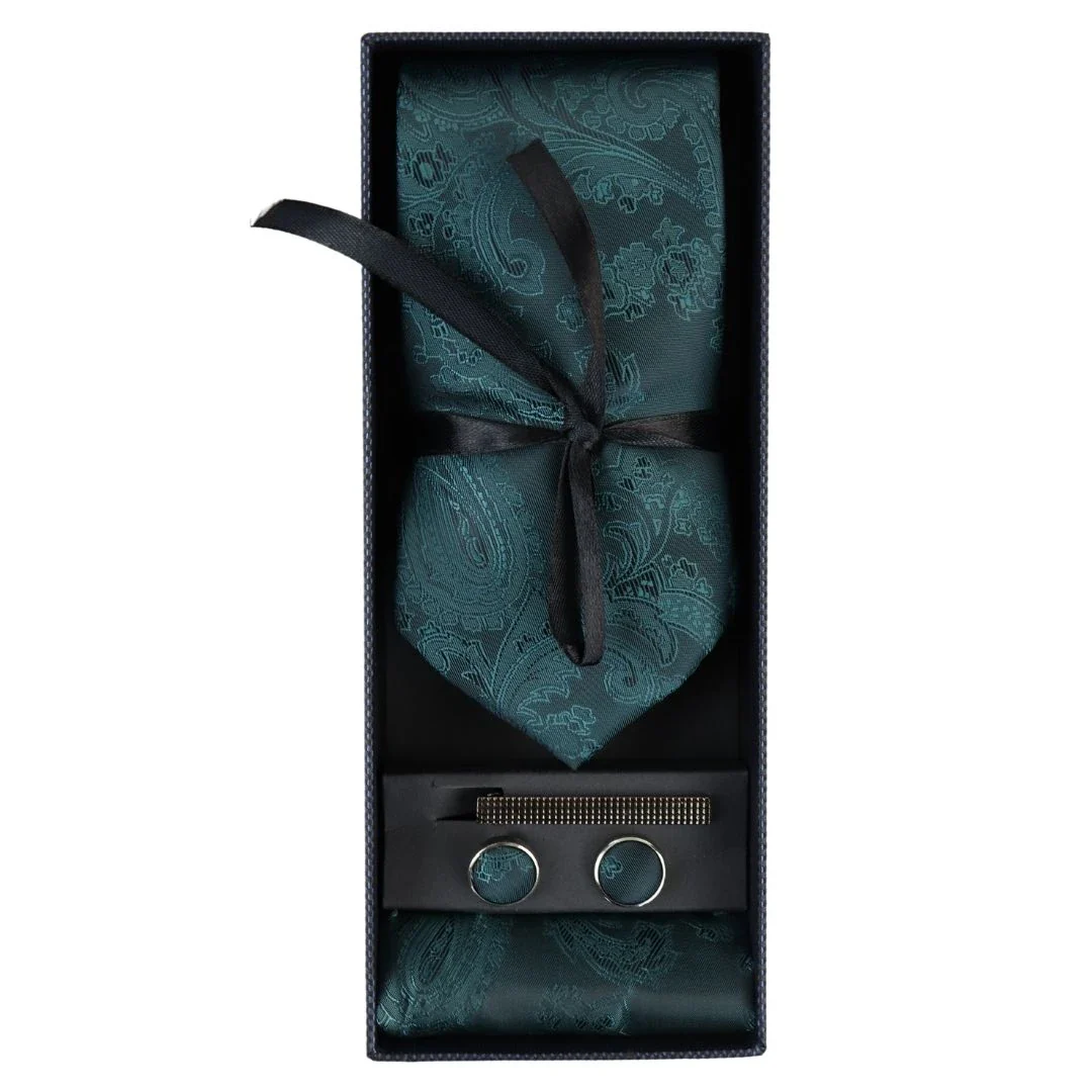 Paisley Neck Green Tie Gift Set Pocket Square Cuff Links Floral Satin - Image 3