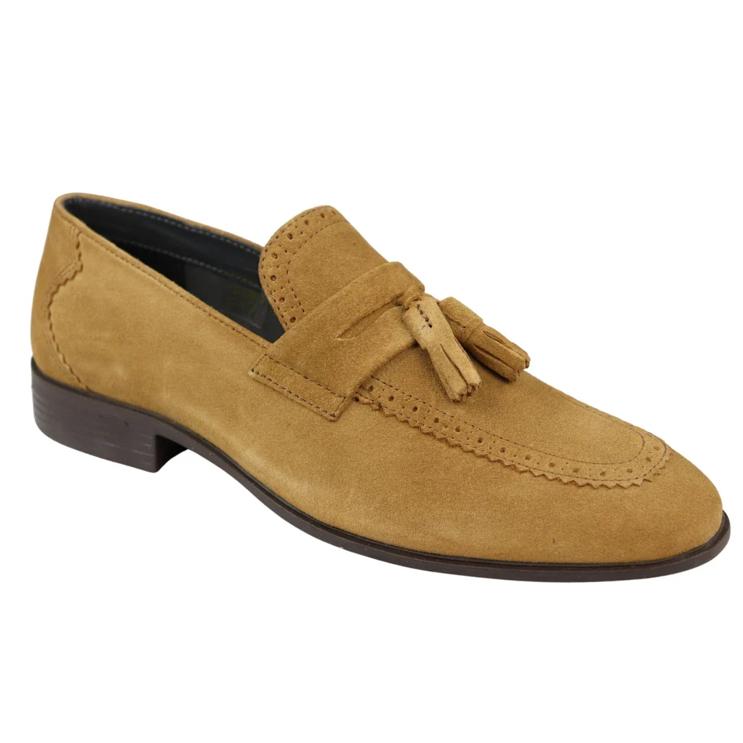 Mens Slip On Loafer Shoes Tan Tassel Real Suede Smart Casual Dress Driving Classic - Image 2
