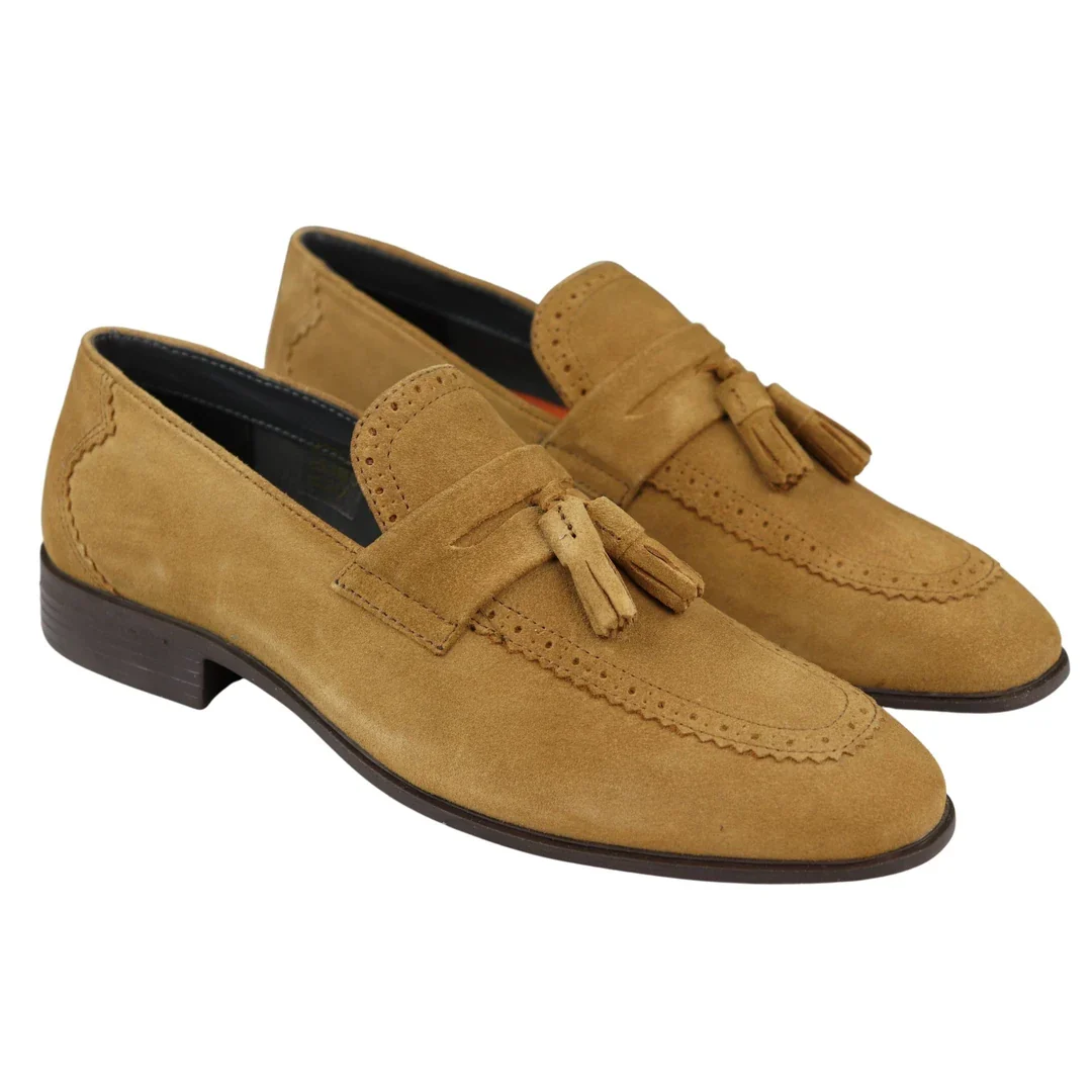 Mens Slip On Loafer Shoes Tan Tassel Real Suede Smart Casual Dress Driving Classic - Image 3