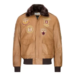 Men’s Aviator Flying Pilot Bomber Jacket Tan Removable Black Fur Collar
