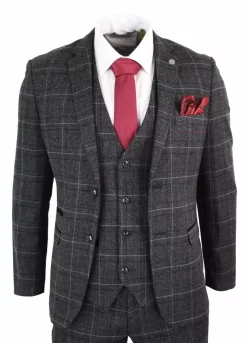 Paul Andrew Harvey β Mens Charcoal Grey Black 3 Piece Tweed Suit Wine Vintage Retro Peaky Blinders