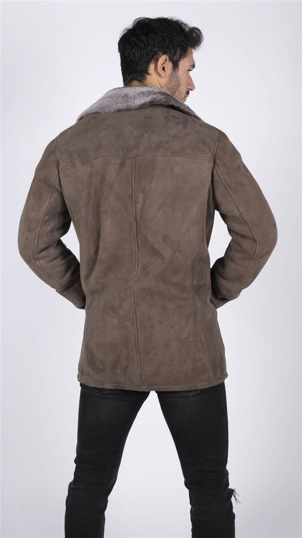 Mens Real Sheepskin Coat Beige Vintage Classic 3/4 Jacket Button Down V Neck - Image 6