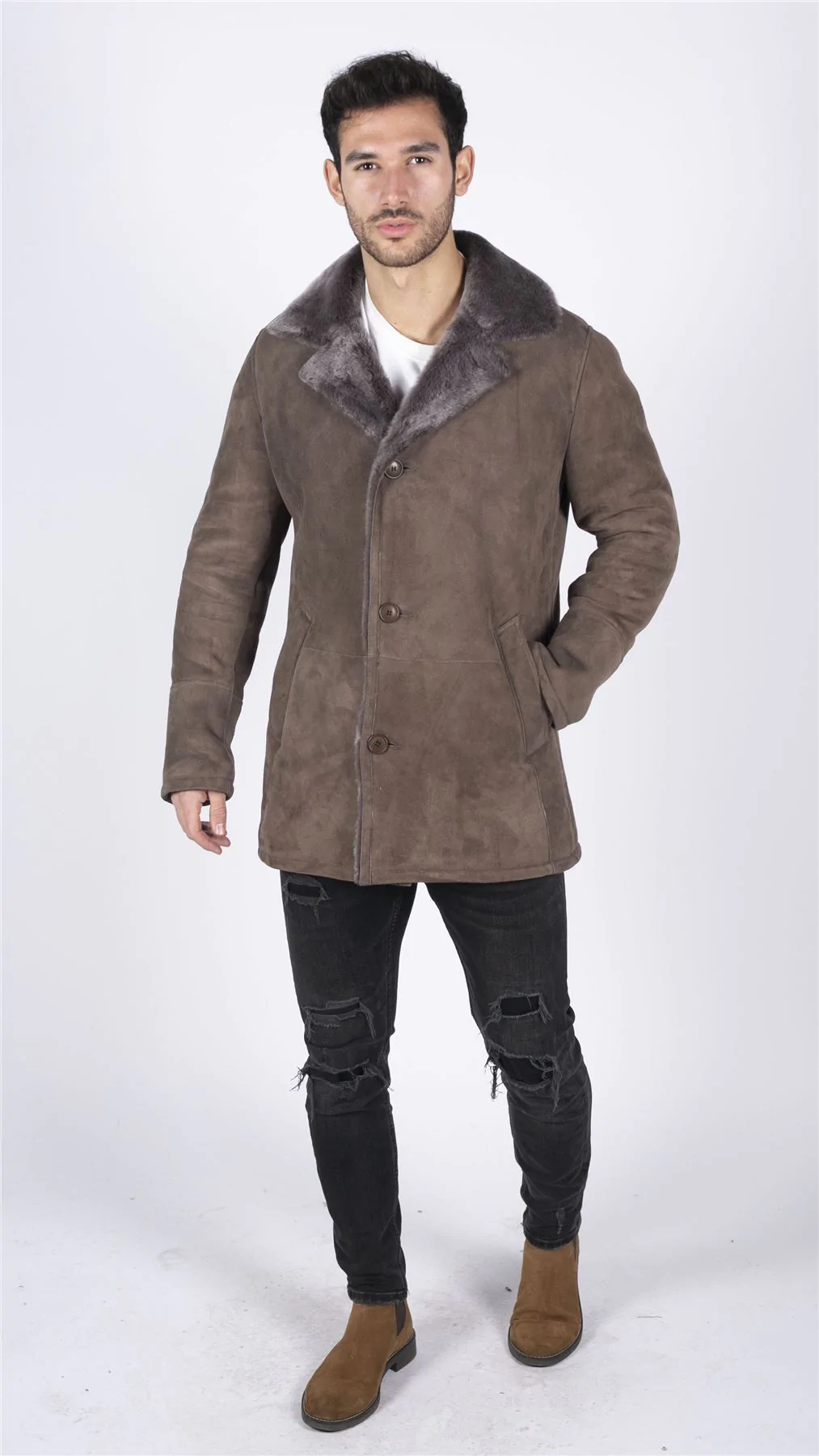 Mens Real Sheepskin Coat Beige Vintage Classic 3/4 Jacket Button Down V Neck - Image 2