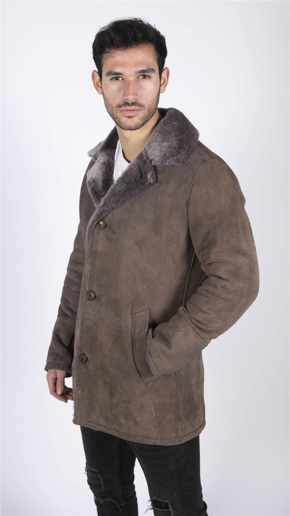 Mens Real Sheepskin Coat Beige Vintage Classic 3/4 Jacket Button Down V Neck - Image 3