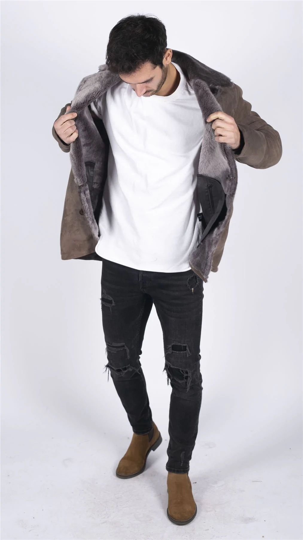 Mens Real Sheepskin Coat Beige Vintage Classic 3/4 Jacket Button Down V Neck - Image 4