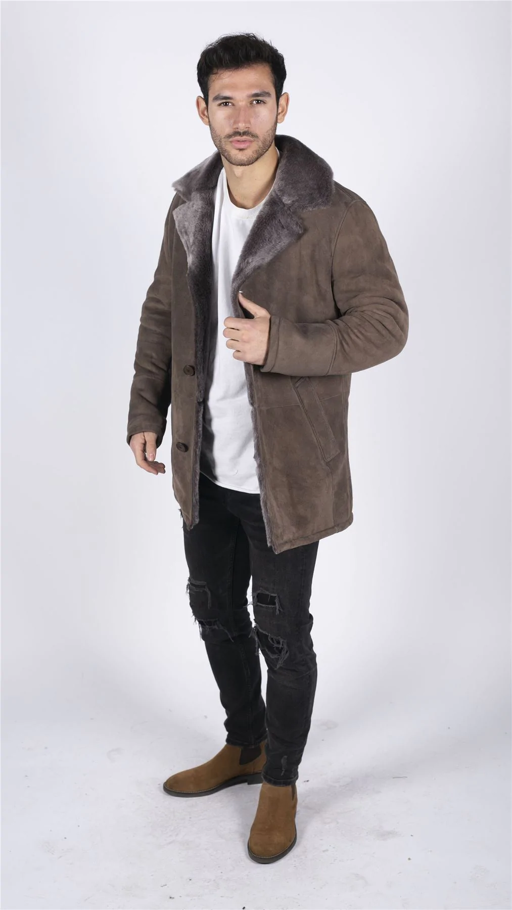 Mens Real Sheepskin Coat Beige Vintage Classic 3/4 Jacket Button Down V Neck - Image 5