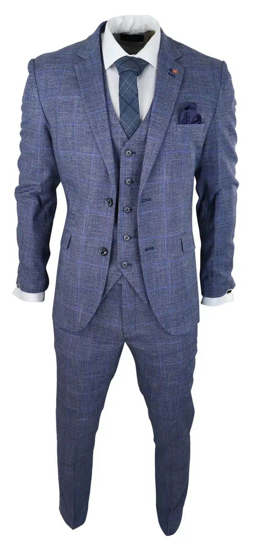 Mens 3 Piece Suit Blue Prince Of Wales Check Tailored Fit Summer Classic Vintage - Image 4