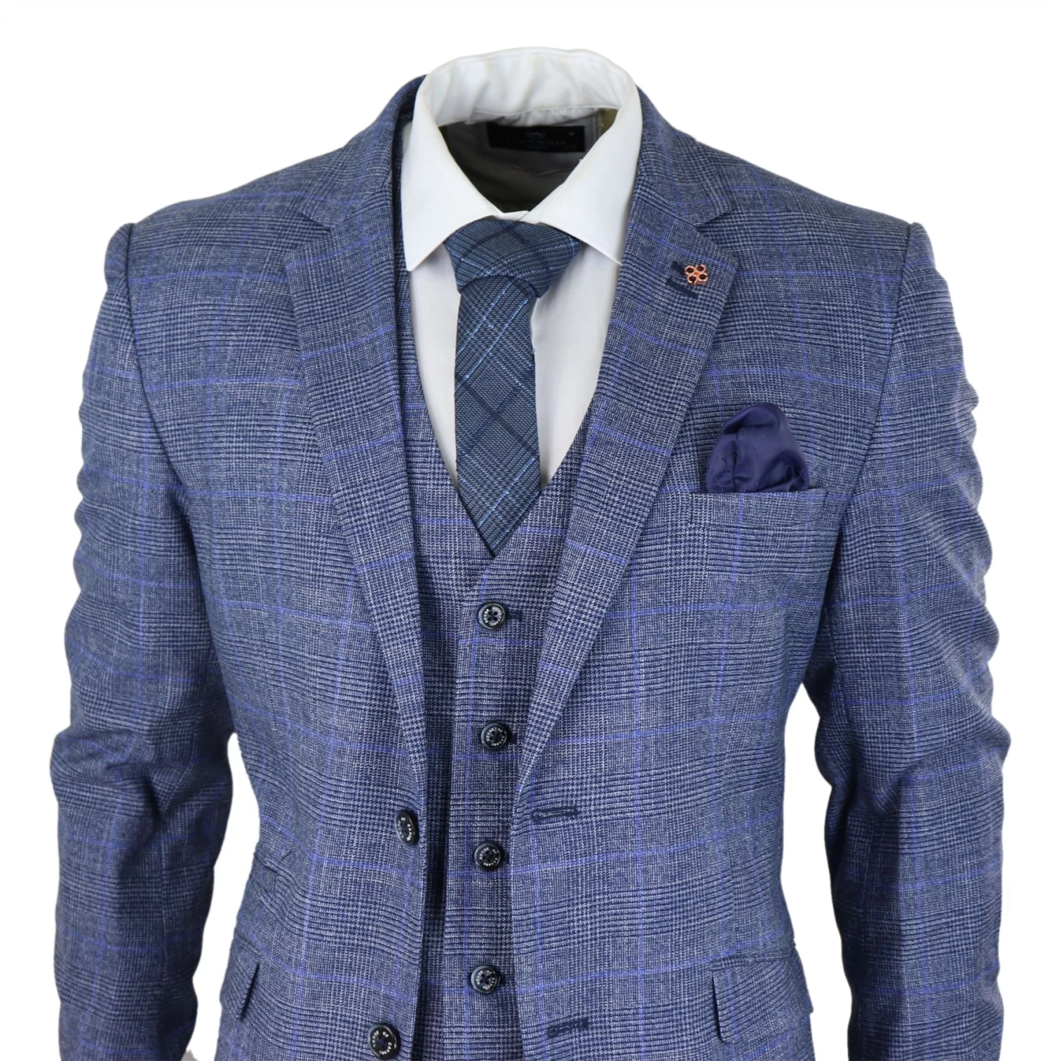 Mens 3 Piece Suit Blue Prince Of Wales Check Tailored Fit Summer Classic Vintage - Image 6