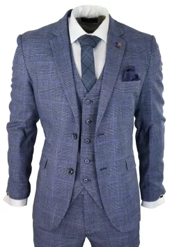 Mens 3 Piece Suit Blue Prince Of Wales Check Tailored Fit Summer Classic Vintage