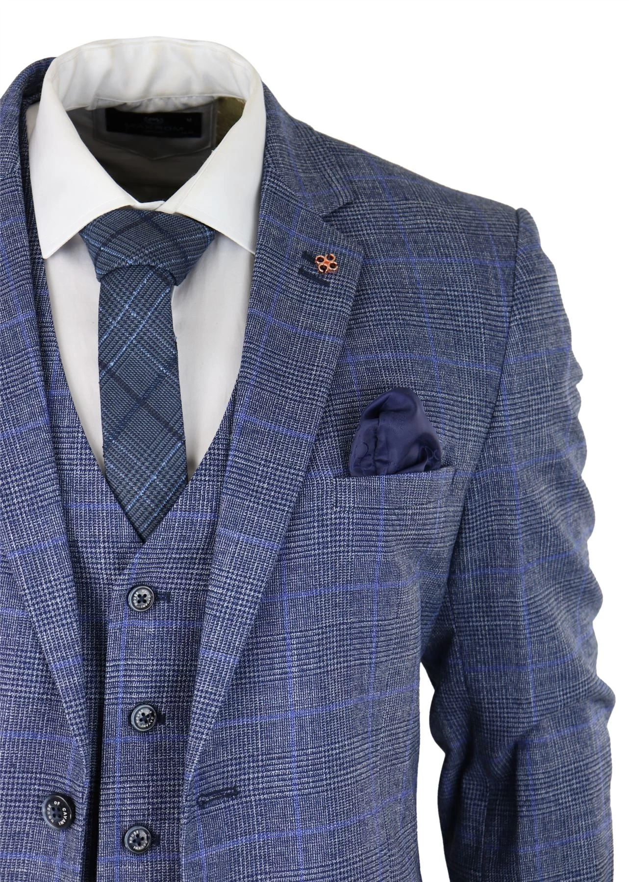 Mens 3 Piece Suit Blue Prince Of Wales Check Tailored Fit Summer Classic Vintage - Image 2